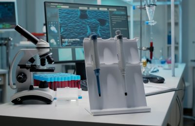 Close up of scientific micropipette and instruments in chemical laboratory. Medical desk in empty room with vacutainers, test tubes, glass samples, microscope and dna animation on computer